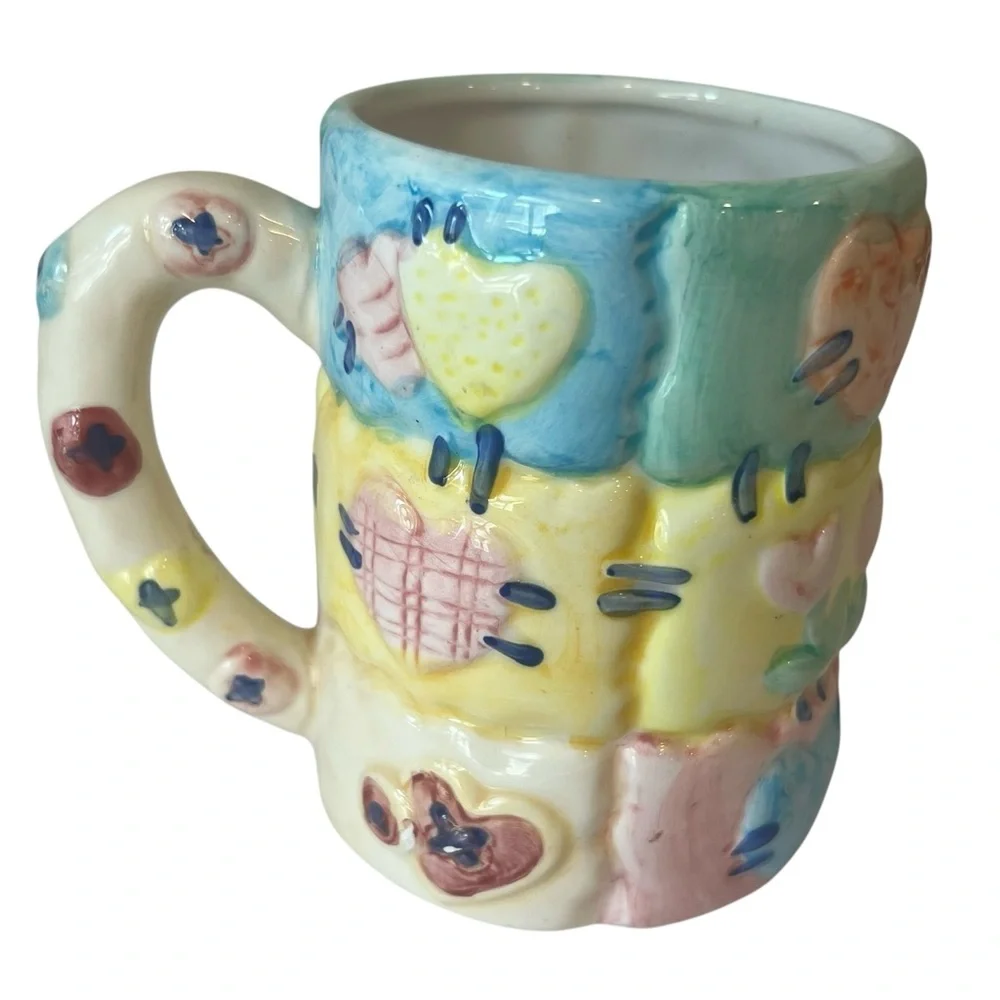 Quilted Hearts Patchwork 3D Mug Hand Painted Pastel Ceramic Coffee Cup‎ Granny